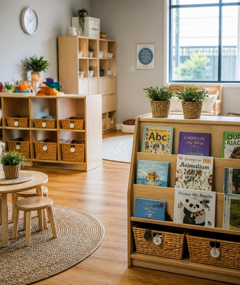 Bright, organized childcare interior with books and wooden learning materials at Building And Growing